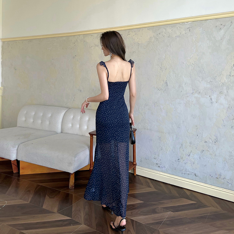 Pinched waist V-neck long dress summer blue dress
