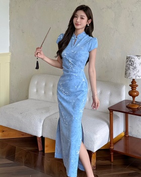 Summer jacquard cheongsam Chinese style pinched waist dress