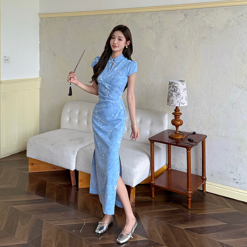 Summer jacquard cheongsam Chinese style pinched waist dress