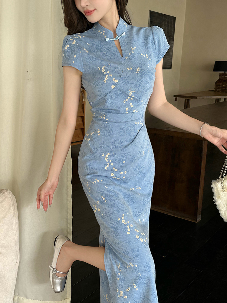 Summer jacquard cheongsam Chinese style pinched waist dress
