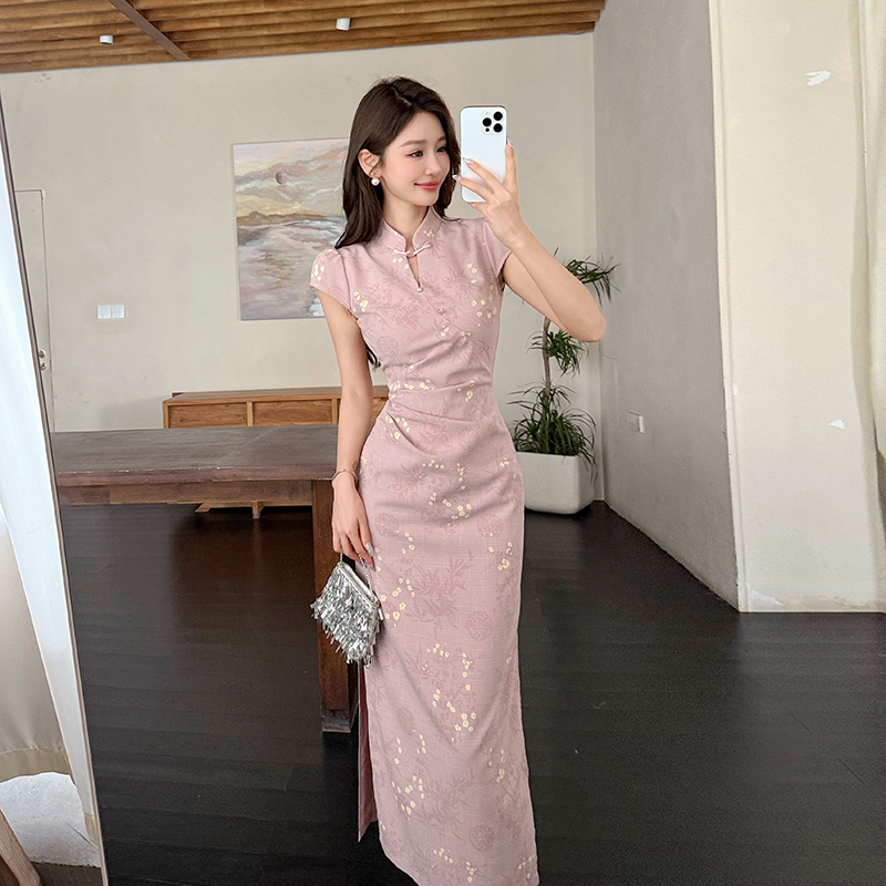 Summer jacquard cheongsam Chinese style pinched waist dress