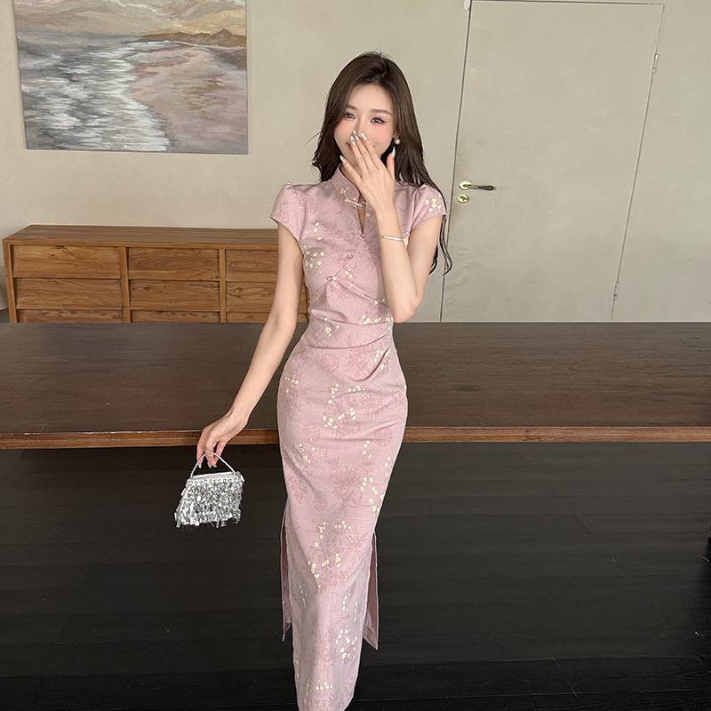 Summer jacquard cheongsam Chinese style pinched waist dress