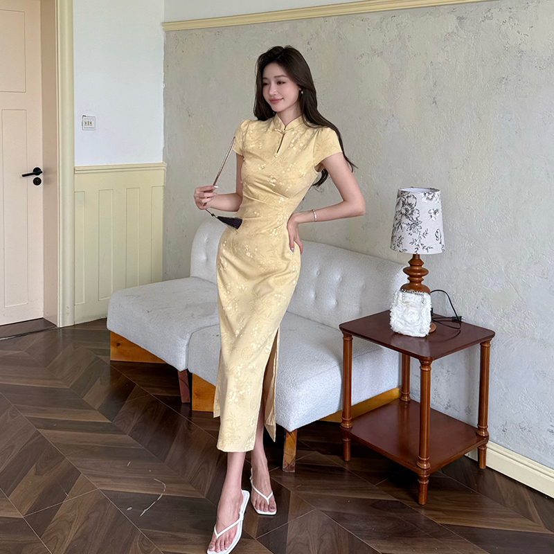 Summer jacquard cheongsam Chinese style pinched waist dress