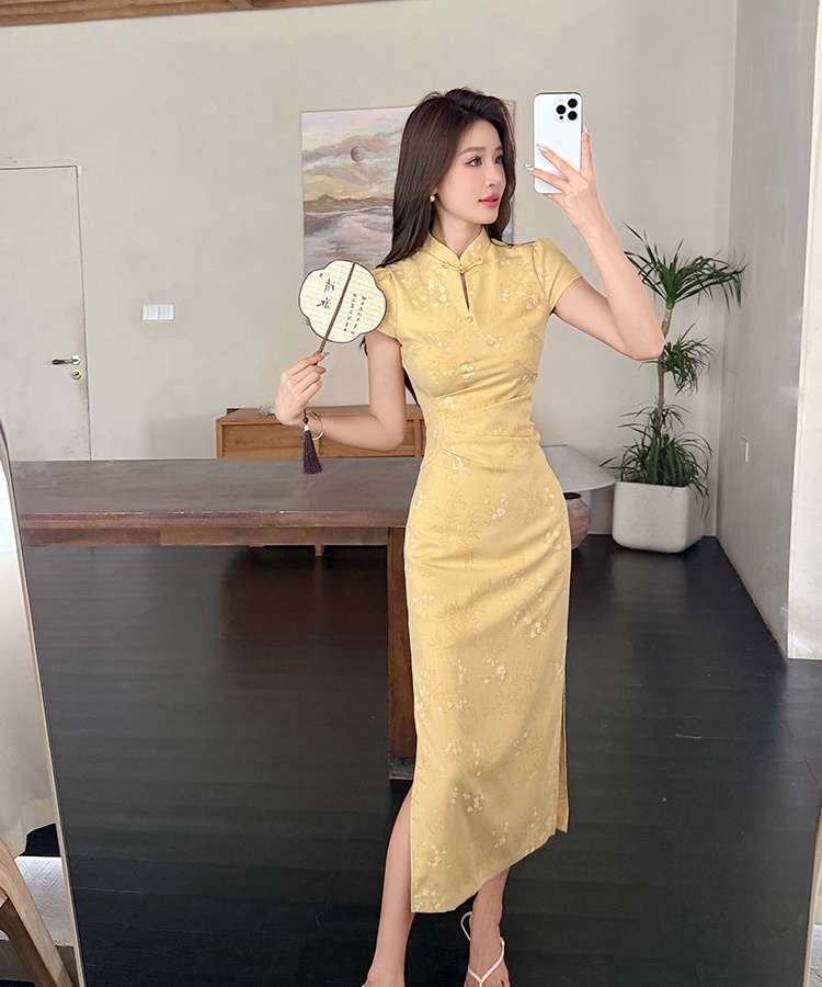Summer jacquard cheongsam Chinese style pinched waist dress