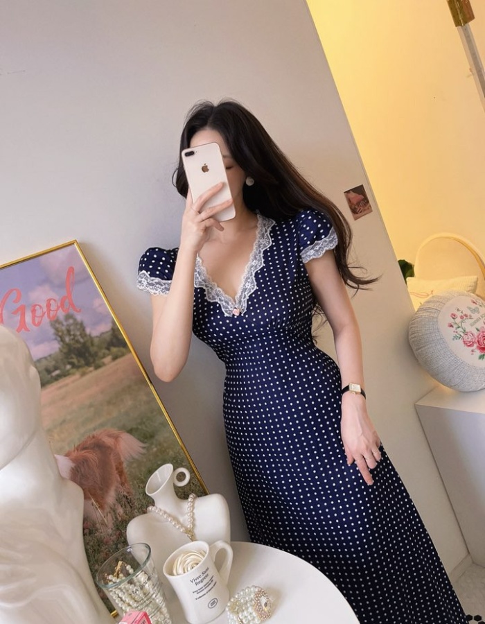 Polka dot splice slim V-neck pinched waist dress