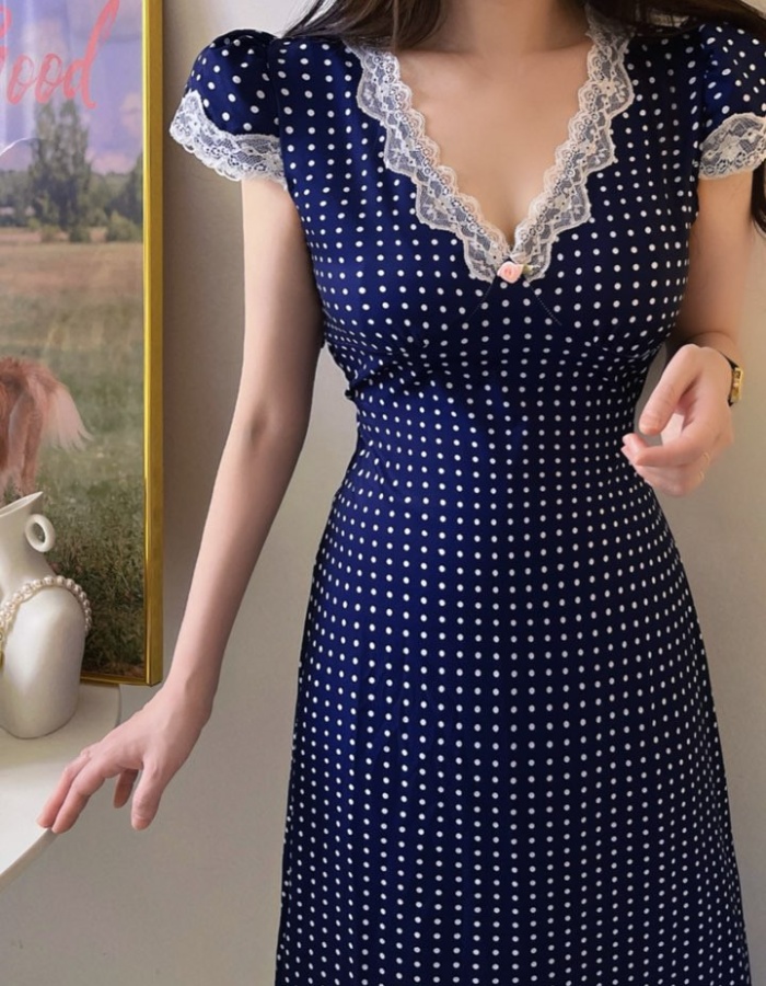 Polka dot splice slim V-neck pinched waist dress