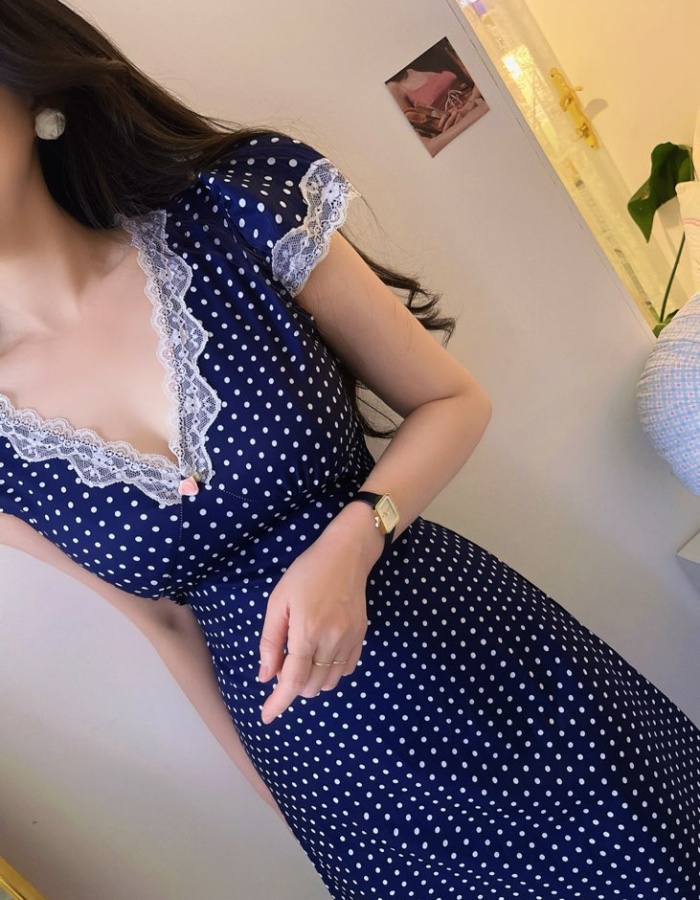 Polka dot splice slim V-neck pinched waist dress
