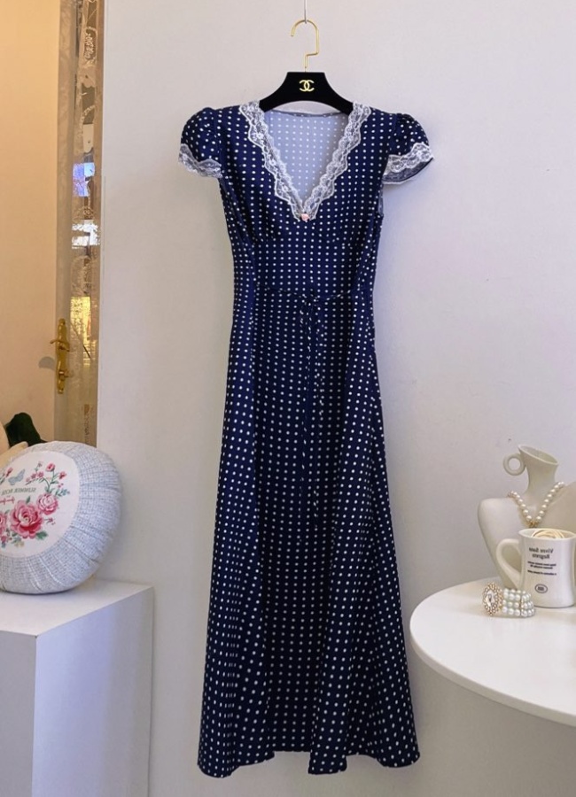 Polka dot splice slim V-neck pinched waist dress