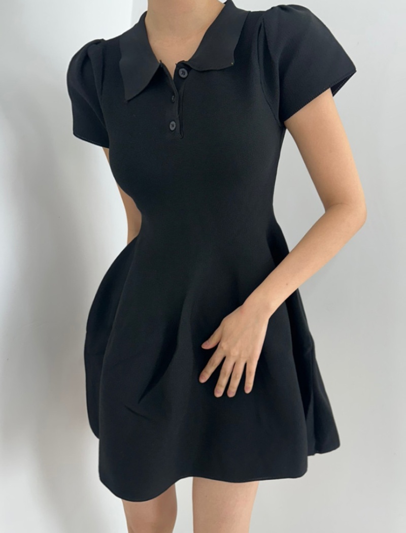 A-line elasticity shirt collar T-back doll slim dress