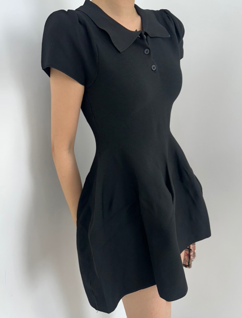 A-line elasticity shirt collar T-back doll slim dress