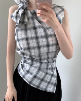 Plaid niche frenum tops sleeveless bow sloping shoulder vest