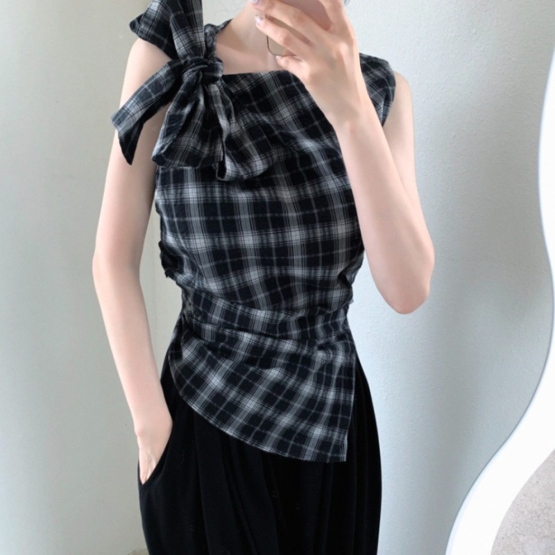 Plaid niche frenum tops sleeveless bow sloping shoulder vest