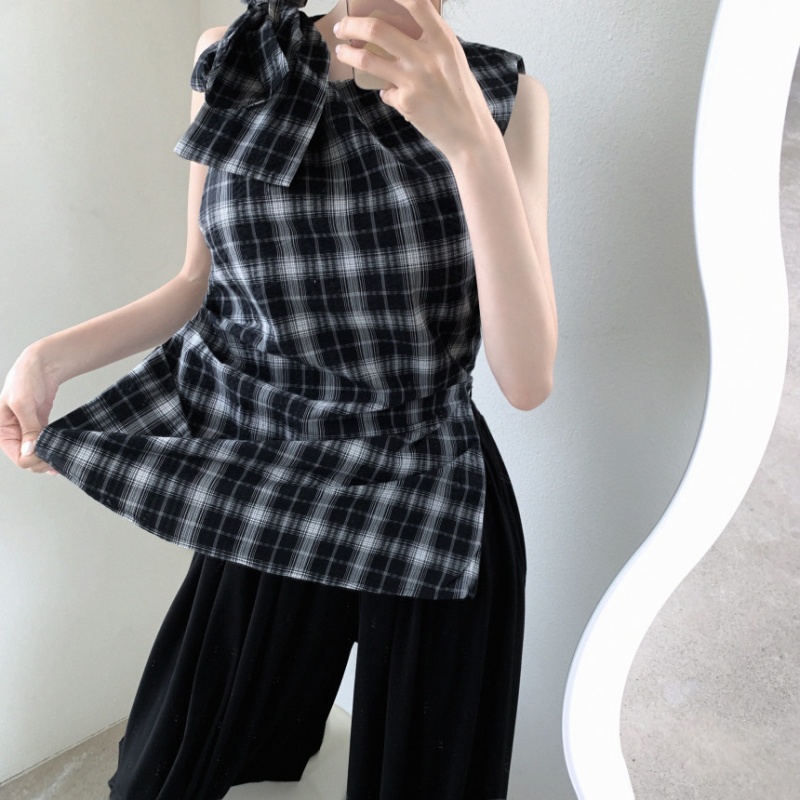 Plaid niche frenum tops sleeveless bow sloping shoulder vest