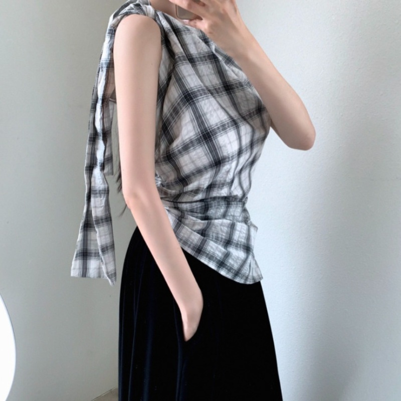 Plaid niche frenum tops sleeveless bow sloping shoulder vest