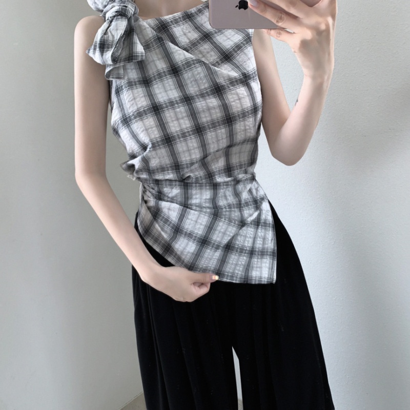 Plaid niche frenum tops sleeveless bow sloping shoulder vest