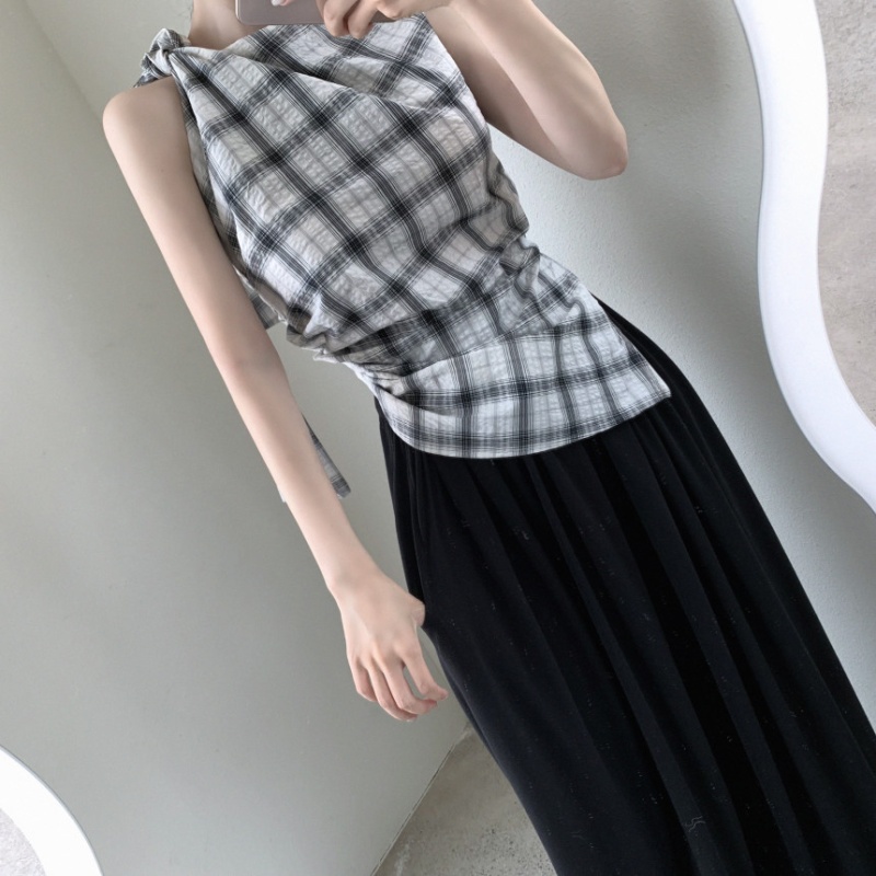 Plaid niche frenum tops sleeveless bow sloping shoulder vest