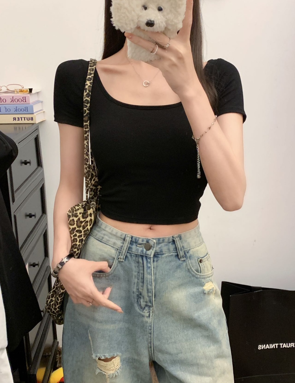 Tight U-neck T-shirt navel large collar tops