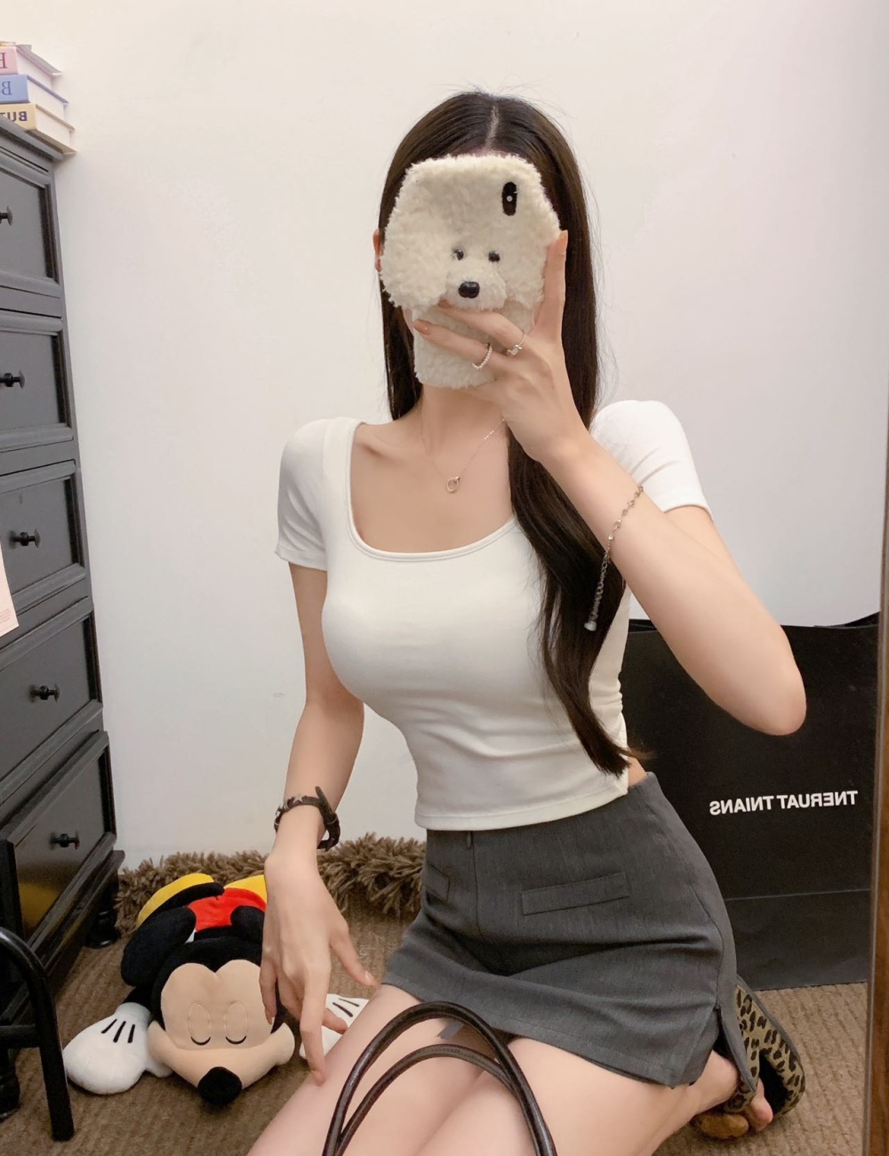 Tight U-neck T-shirt navel large collar tops