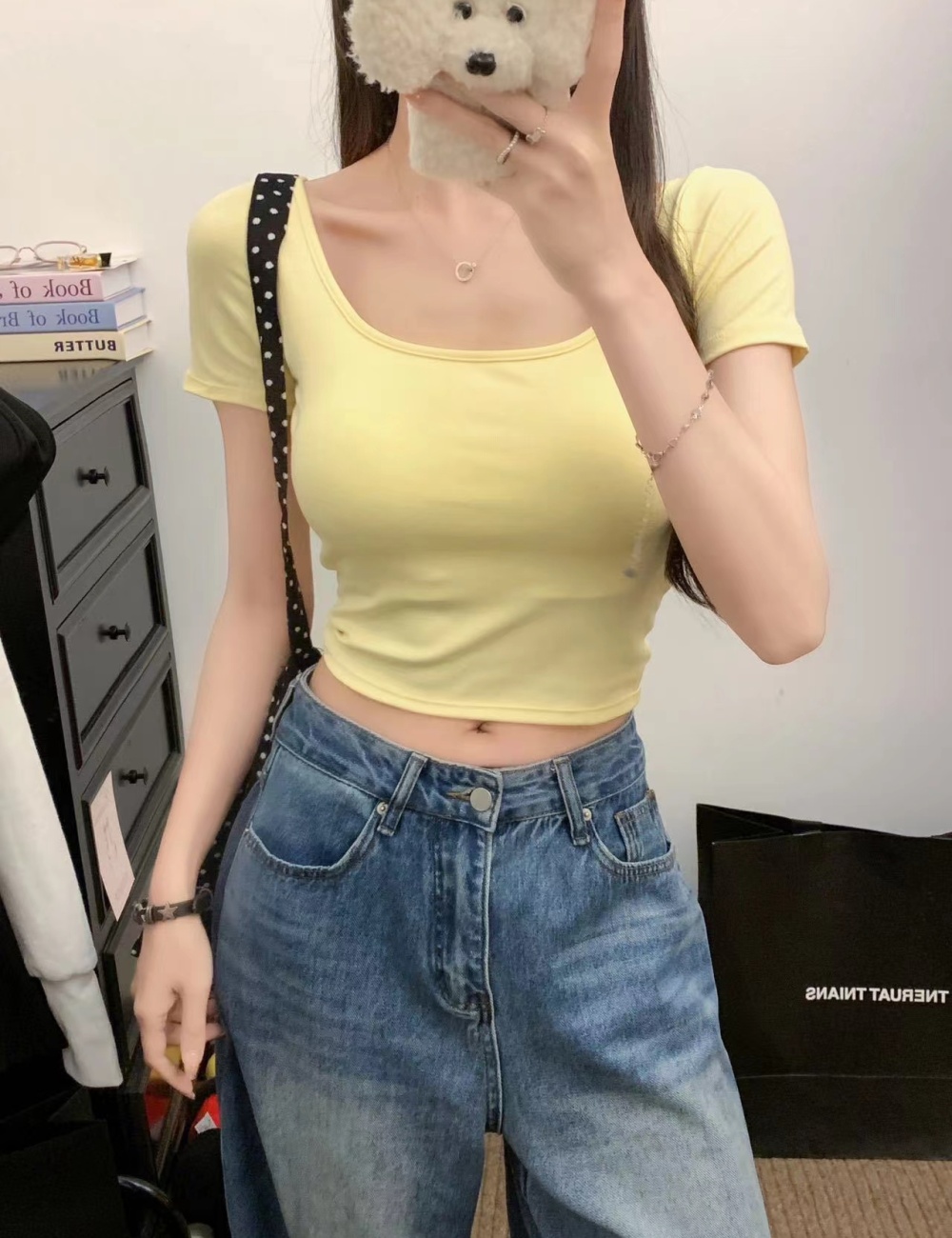 Tight U-neck T-shirt navel large collar tops
