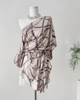Frenum satin shirt European style pinched waist dress
