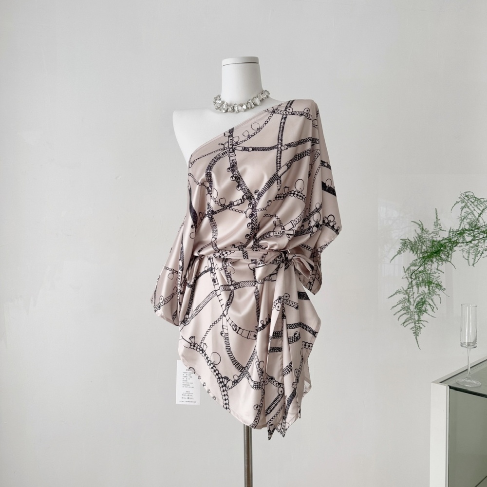 Frenum satin shirt European style pinched waist dress