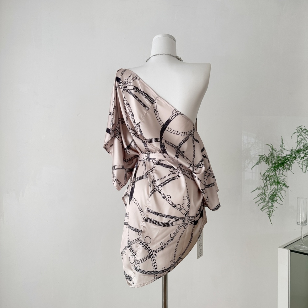 Frenum satin shirt European style pinched waist dress