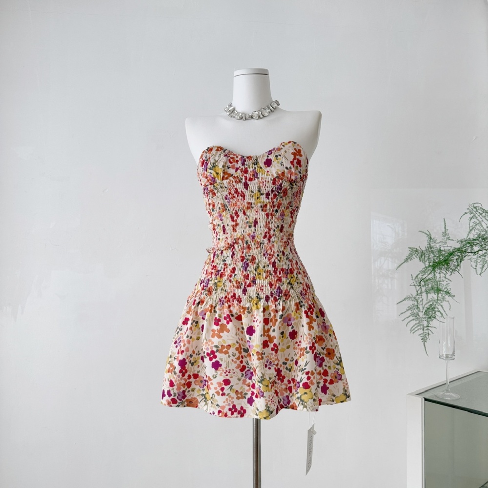 Pinched waist floral slim Casual elasticity dress