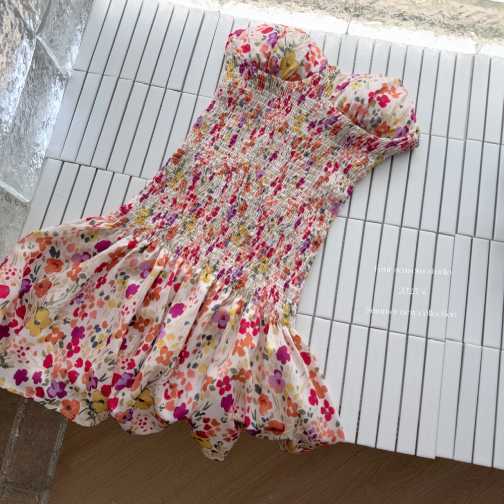 Pinched waist floral slim Casual elasticity dress