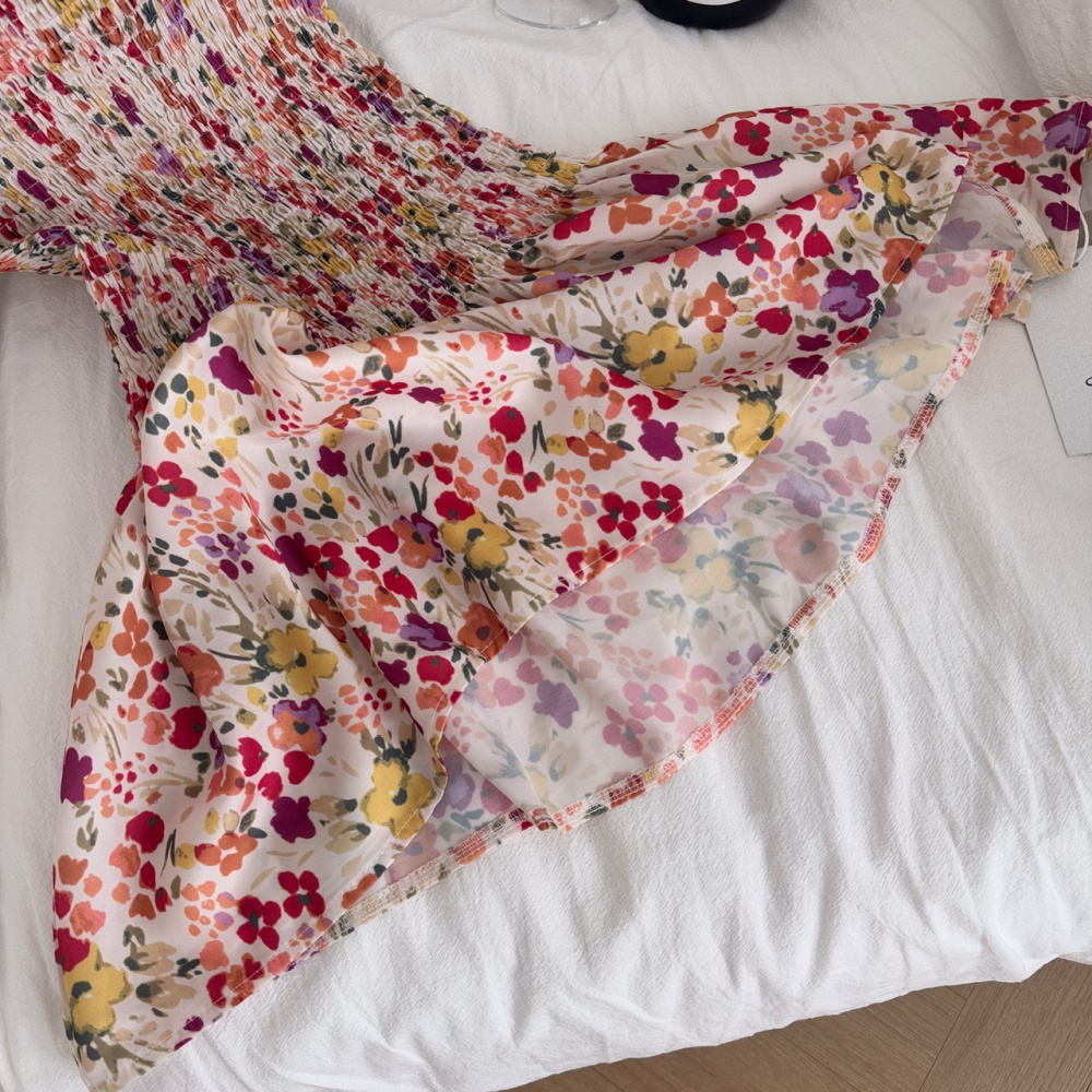Pinched waist floral slim Casual elasticity dress