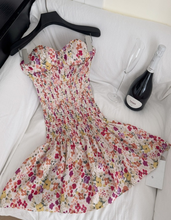 Pinched waist floral slim Casual elasticity dress