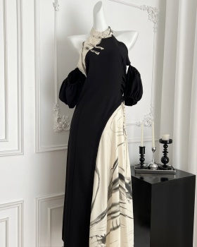 Summer sexy clavicle dress puff sleeve splice long dress for women