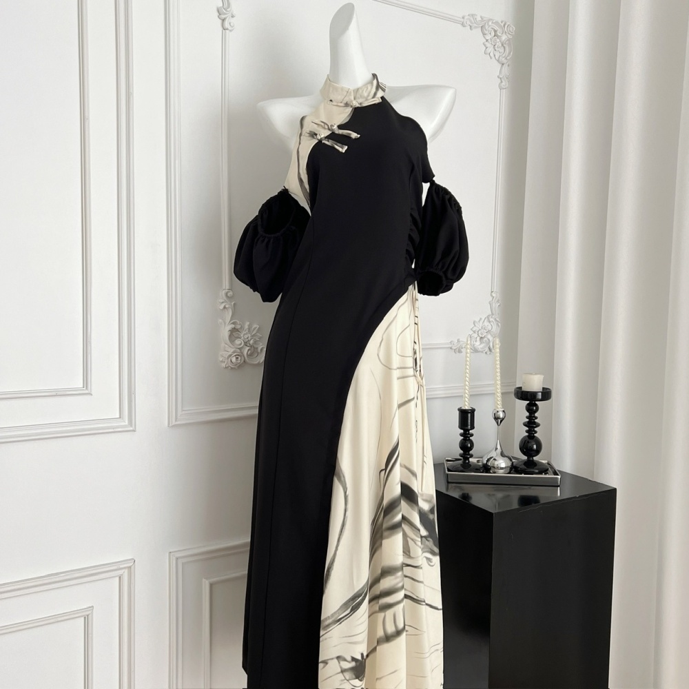 Summer sexy clavicle dress puff sleeve splice long dress for women
