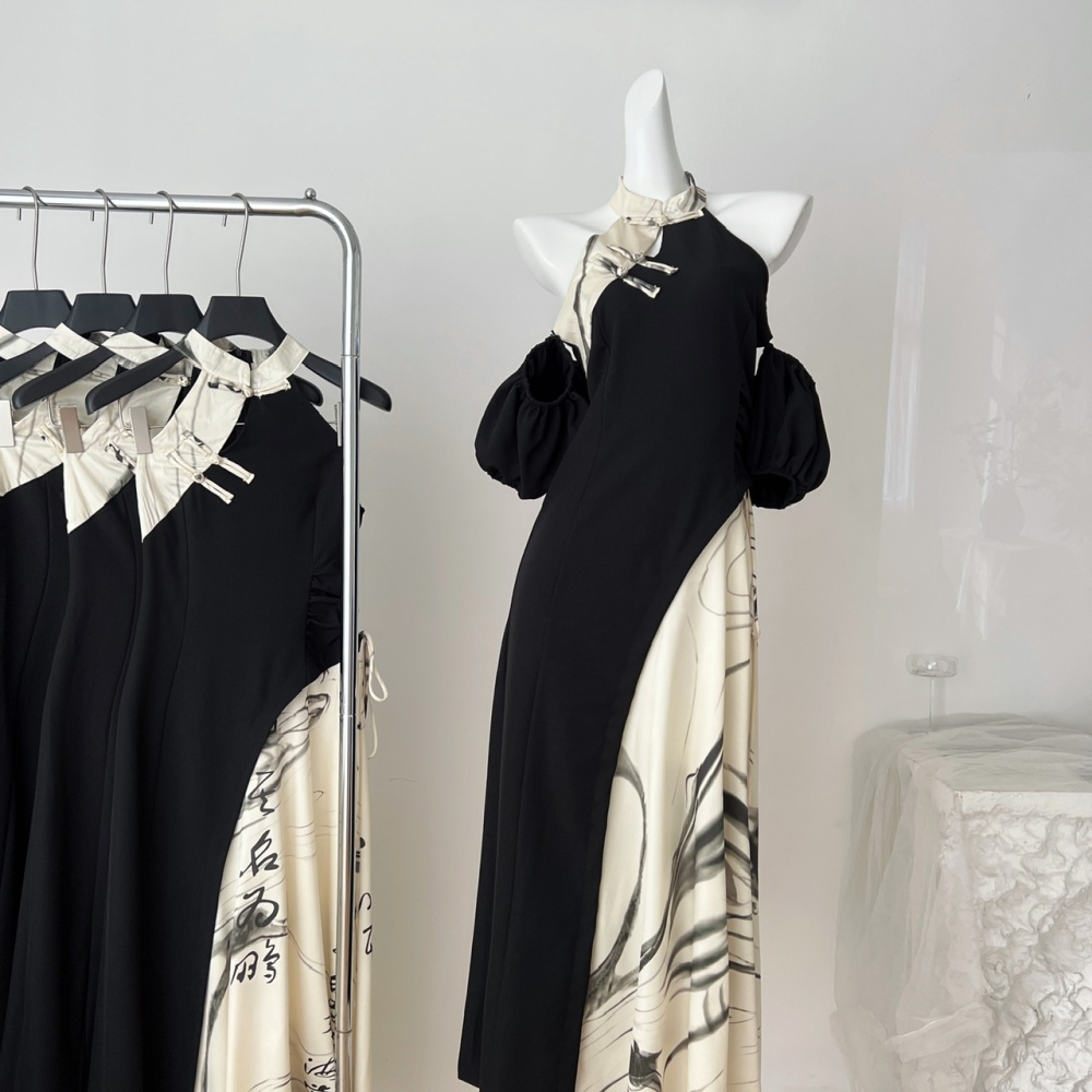 Summer sexy clavicle dress puff sleeve splice long dress for women