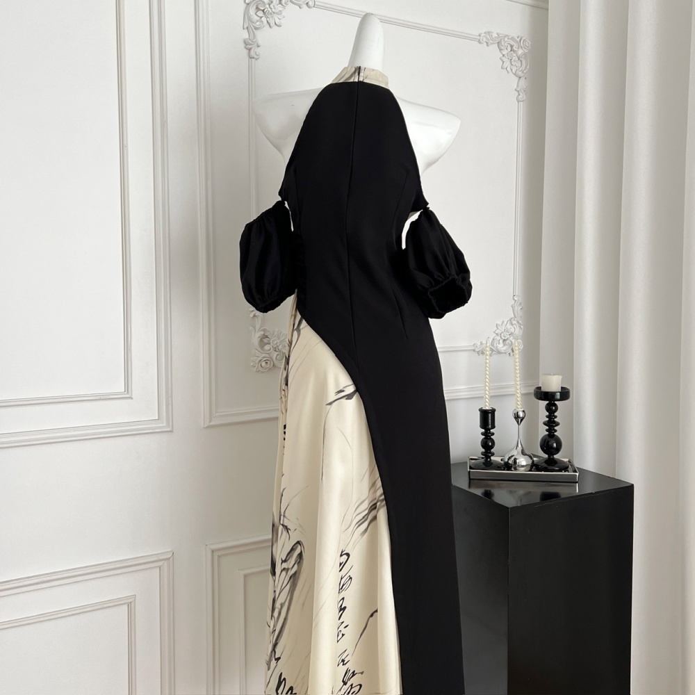 Summer sexy clavicle dress puff sleeve splice long dress for women