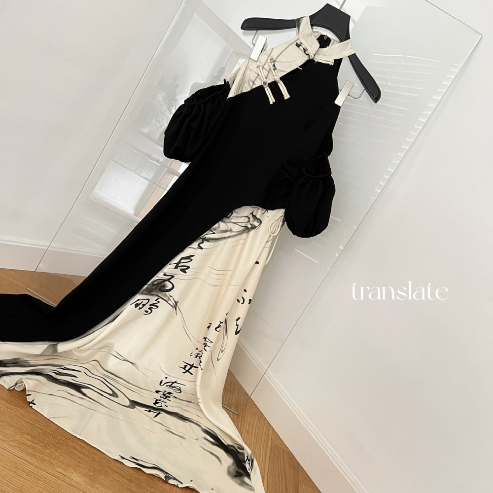 Summer sexy clavicle dress puff sleeve splice long dress for women