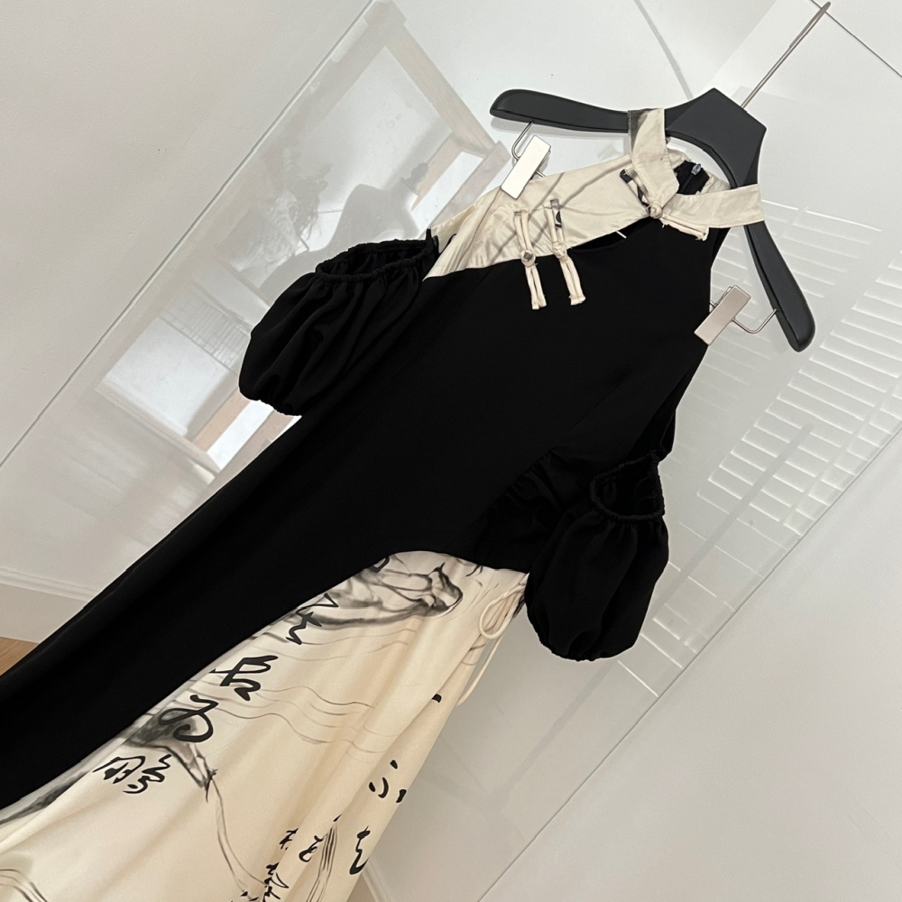 Summer sexy clavicle dress puff sleeve splice long dress for women
