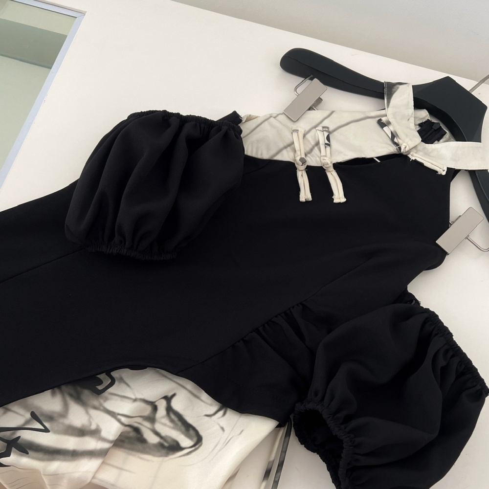 Summer sexy clavicle dress puff sleeve splice long dress for women