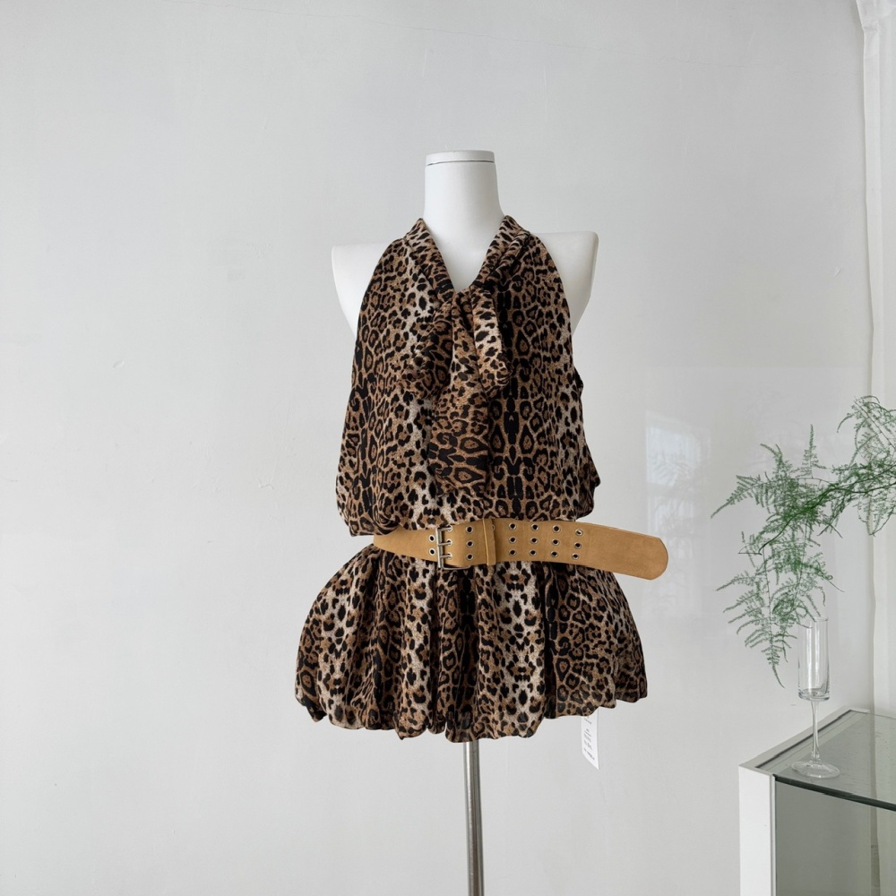 Sleeveless leopard T-back halter dress for women