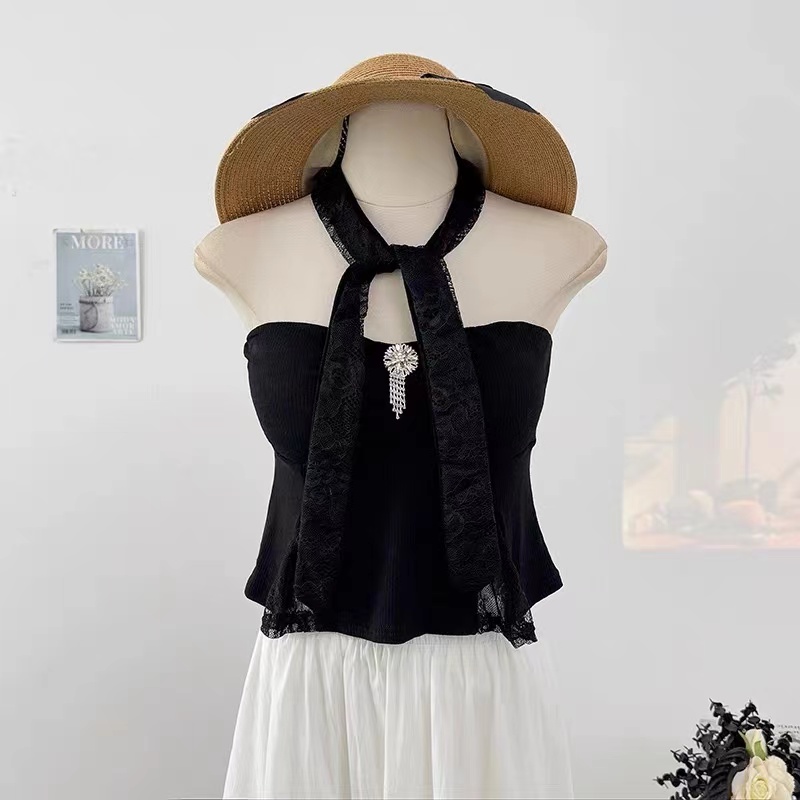 Wrapped chest knitted lace diamond splice scarf chain tops