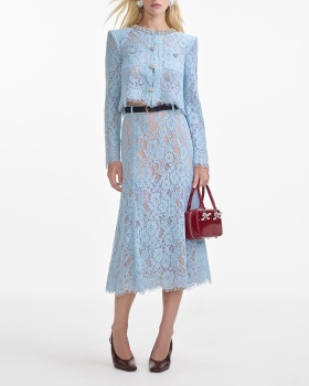 High waist lace tops embroidery rhinestone skirt a set