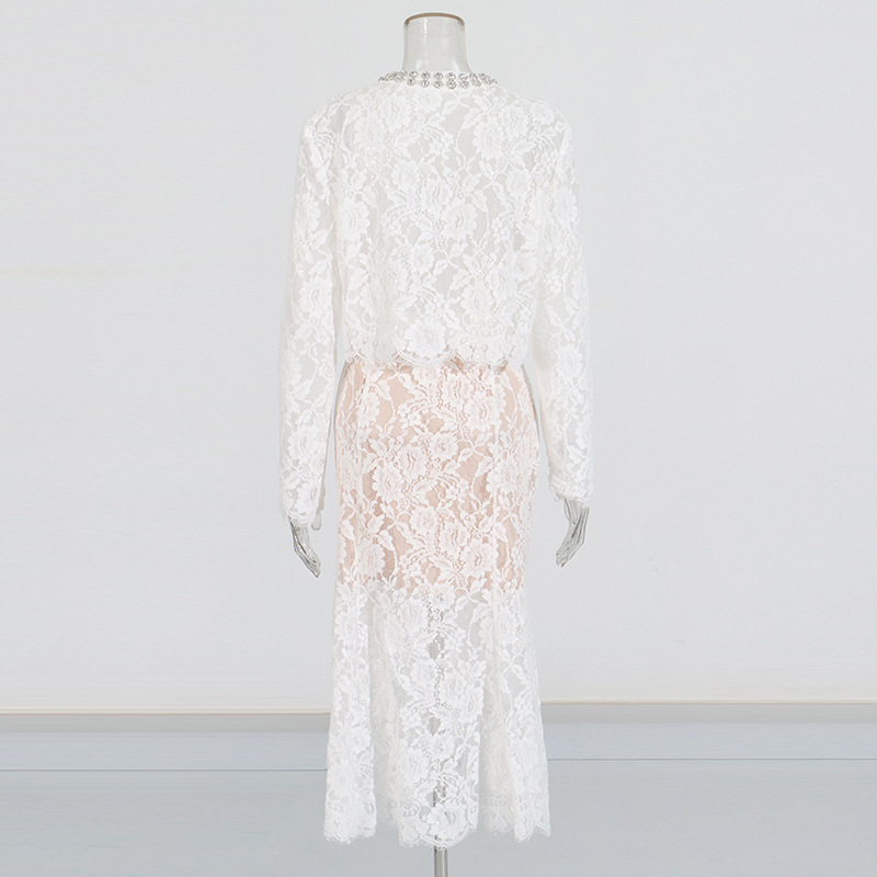 High waist lace tops embroidery rhinestone skirt a set
