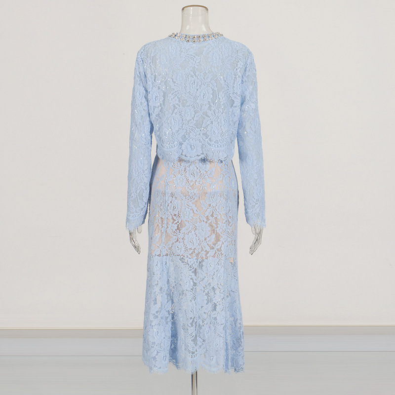 High waist lace tops embroidery rhinestone skirt a set
