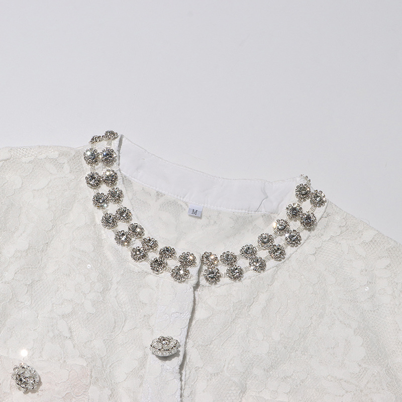 High waist lace tops embroidery rhinestone skirt a set