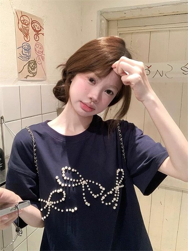 Cotton beading short sleeve large yard butterfly T-shirt