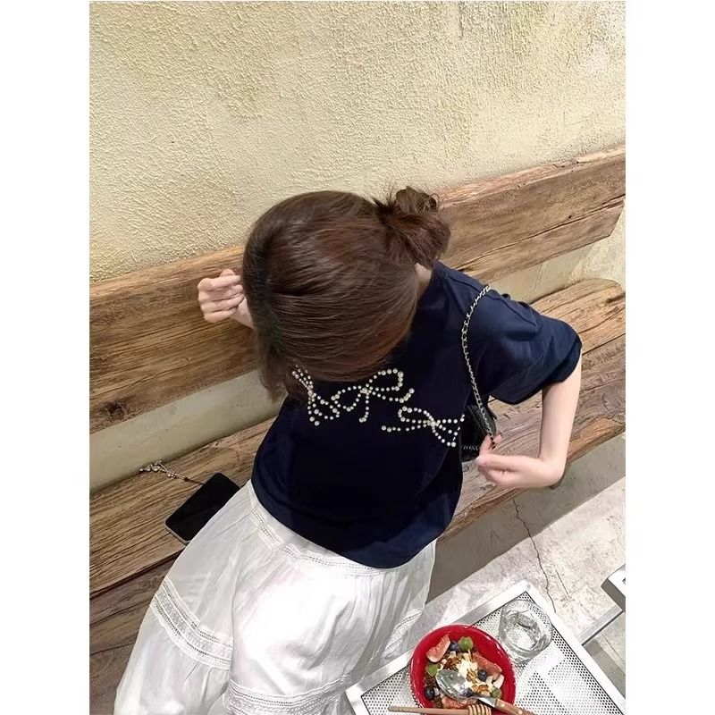 Cotton beading short sleeve large yard butterfly T-shirt