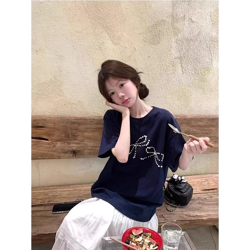 Cotton beading short sleeve large yard butterfly T-shirt