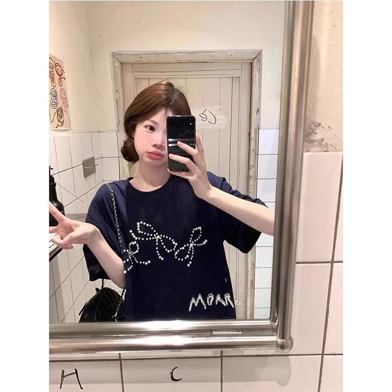 Cotton beading short sleeve large yard butterfly T-shirt