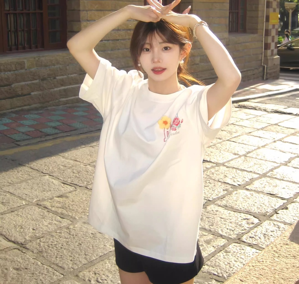 Embroidery cotton short sleeve large yard T-shirt