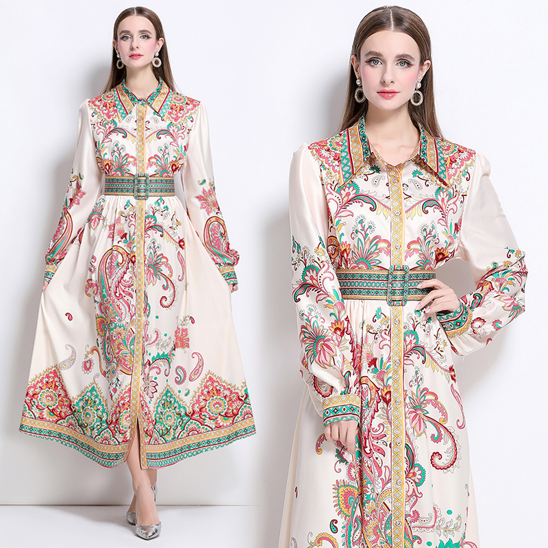 Single-breasted flowers printing dress