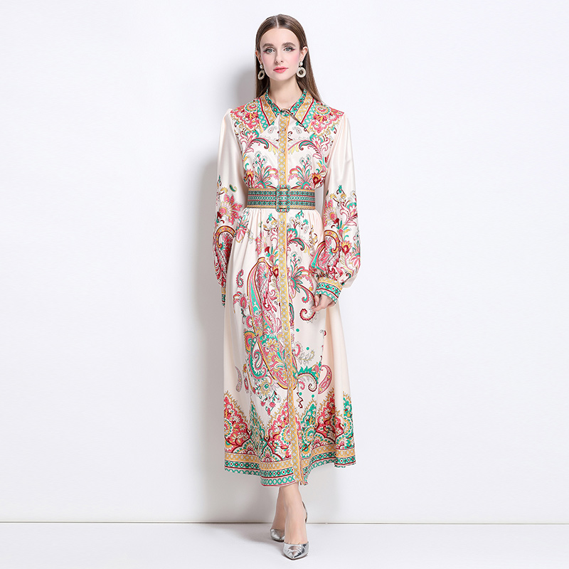 Single-breasted flowers printing dress